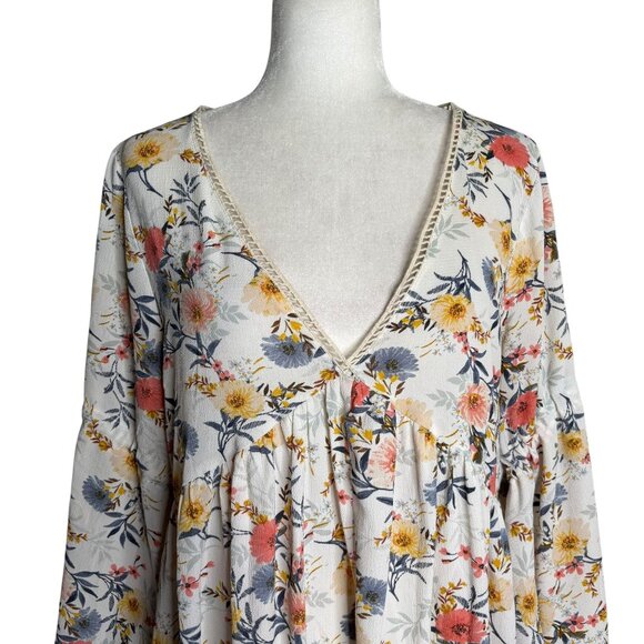 Umgee Floral Boho Long Sleeve V Neck Babydoll Dress Sz Large Cold Shoulder - Picture 2 of 8